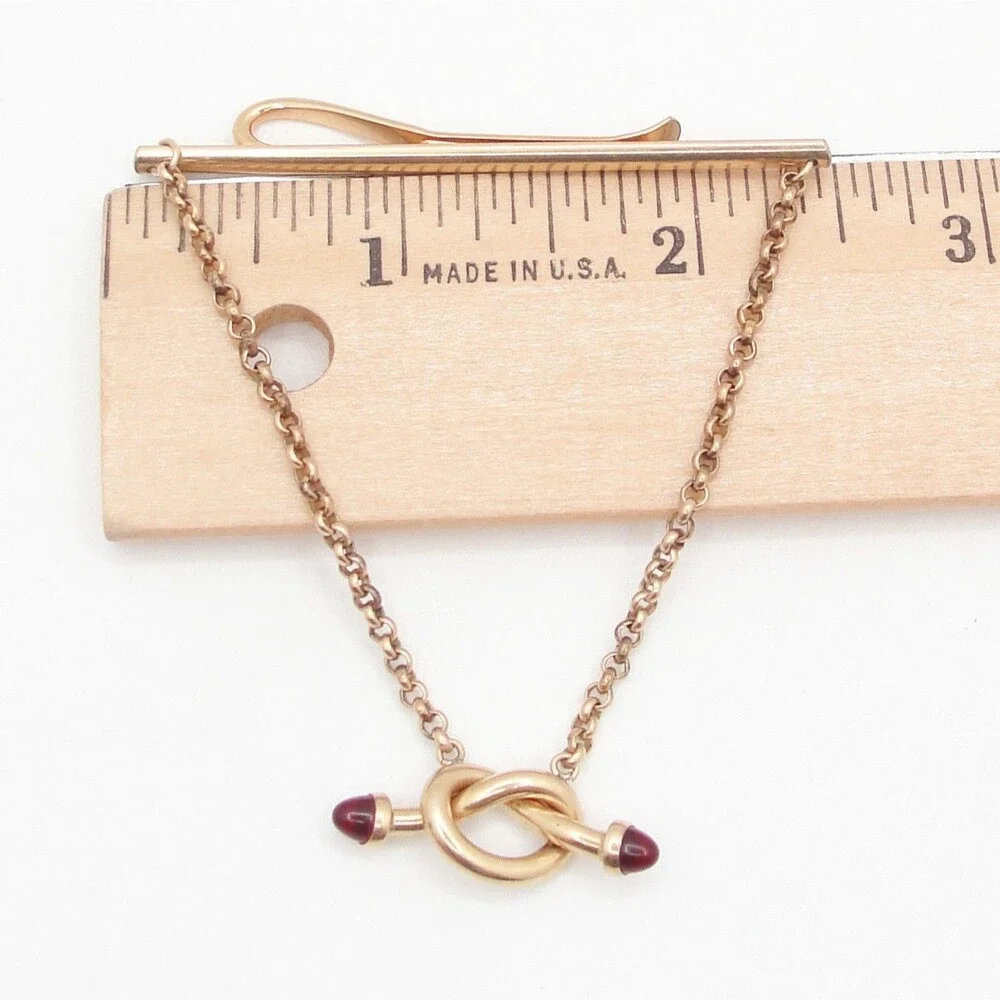 Vintage Krementz Gold Overlay Love Knot Tie Chain Clasp Red Ruby Glass Cabochon